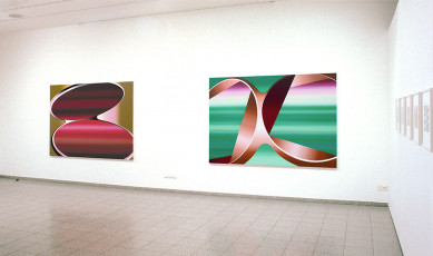links: o.T., 2006, Acryl auf Leinwand, 155 x 210 cm;  rechts: o.T., 2008, Acryl auf Leinwand, 155 x 220 cm;   Zeppelin Museum Friedrichshafen, 2009
		